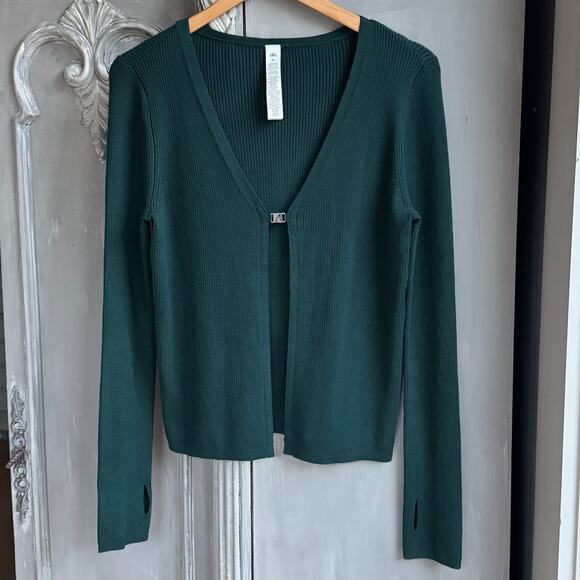 Alo Yoga Salana Sweater Sz M Deep-V Clasp Front Cardigan Dark Green Long Sleeve - Picture 1 of 15